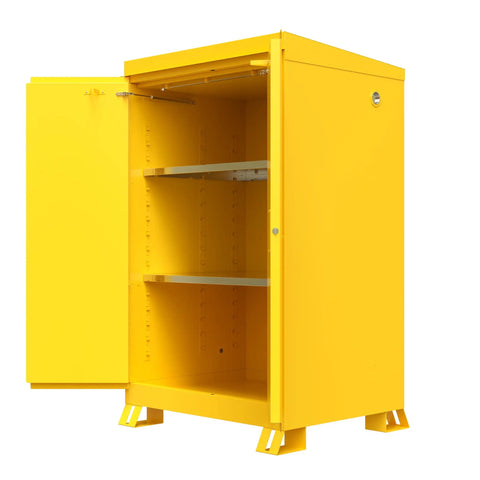 Heavy Duty Reinforced Steel Outdoor Flammable Liquid Storage Cabinet Built Tough And Totally Rock Solid With Double Wall Welded Frame And Foolproof Rain Gutters, yellow locker open, with shelves.