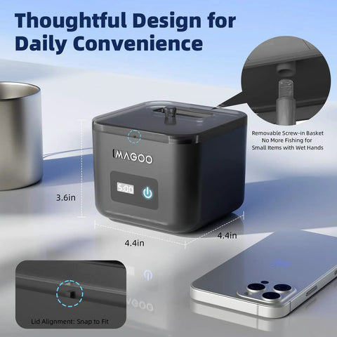 Powerful 45kHz Ultrasonic Cleaner with UV Sanitizer showing size dimensions and screw-in basket for easy use at home.