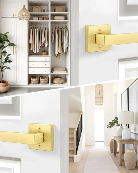 Brushed Gold Dummy Door Handle No Turn Lever For French Doors And Closets, Heavy Duty Ambidextrous Interior Push Pull Door Hardware, Non Functional Single Sided Latch Replacement, 1 Pack on white closet door