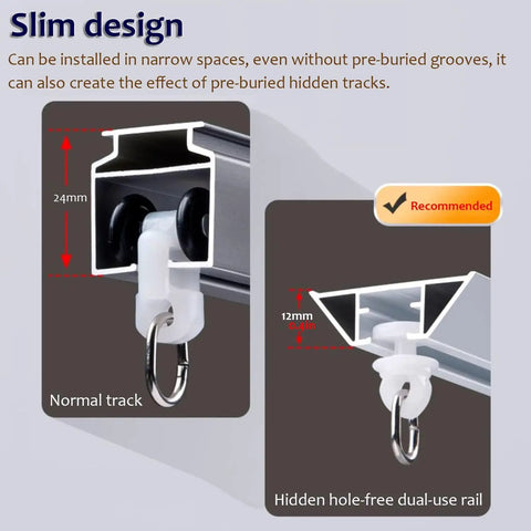 Built Like A Tank Single Track Sliding Barn Door Rail Kit Ceiling Mounted Aluminum Hidden Track System Hella Smooth Gliding Doors, slim design, track dimensions shown.