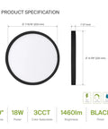 Nine Inch Round Flush Mount LED Light 18W 1460 Lumens Tri Color 3000K 4000K 5000K Dimmable specs diagram