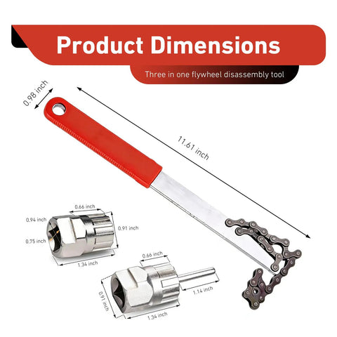 All In One Beefy Pro Grade Bike Freewheel Removal Tool Set with chain whip and lockring nuts, red handle and dimensions