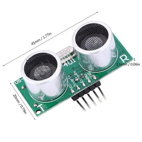 Top-Notch Ultrasonic Sensor Module with Temperature Compensation, green PCB with two circular transducers, top view.