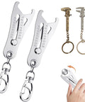 Two silver portable caliper-style thread size checkers on keychains with metal clips and rings