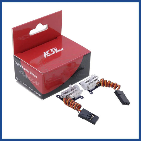 Tiny But Mighty 9mm Micro Linear Servo Dual Pack 1.5g Digital Coreless Tail Servo for Mini RC Planes With JR Plug beside packaging