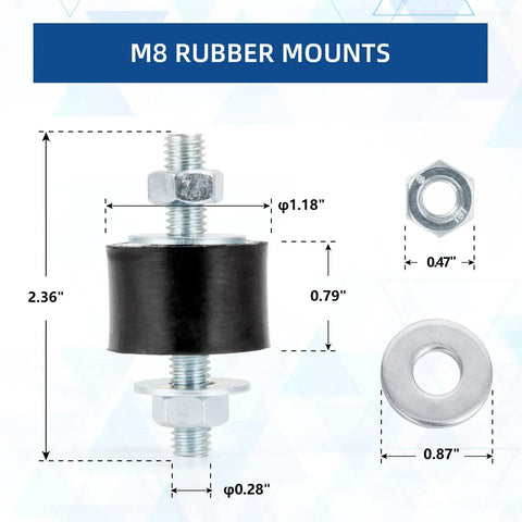 M8 Rubber Vibration Isolator Mounts 30x20mm with measurements and components, showcasing anti vibration shock absorbers with studs.