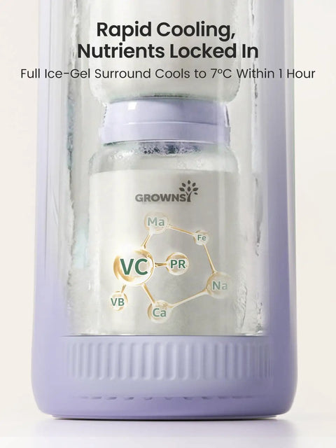Slick Portable Breast Milk Cooler Bag holding two feeding bottles with ice-gel for cooling to 7°C.