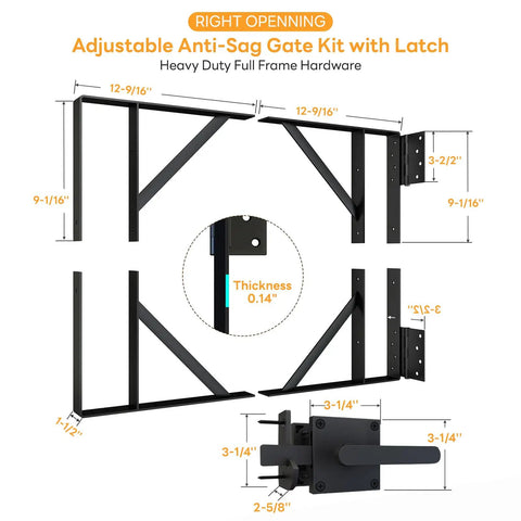 Heavy Duty Anti Sag Gate Kit With Right Opening Latch And Adjustable Brackets For Wooden Fence Or Patio Fits 24 To 60 Inches Wide Works With 2x4 Lumber No Wood Included
