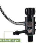 Close-up of Dual Gauge Paintball Fill Station Valve With 7/8-14UNF Thread 4500 Psi, showing air inlet fill nipple and hose.