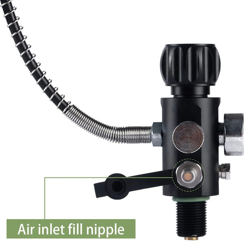 Close-up of Dual Gauge Paintball Fill Station Valve With 7/8-14UNF Thread 4500 Psi, showing air inlet fill nipple and hose.