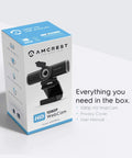 Plug And Shoot 1080P Hd Webcam With Built In Stereo Mic For Desktop Pc And Laptop shown in packaging with user manual and privacy cover.