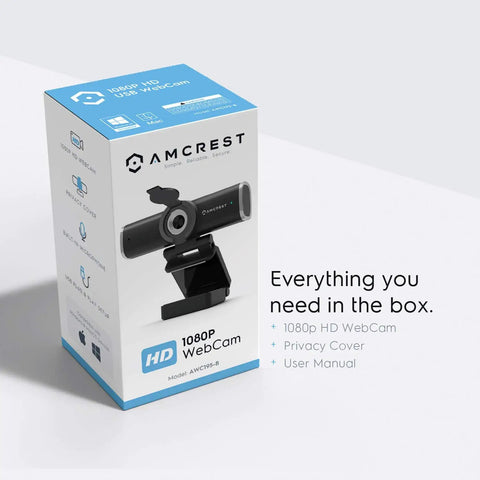 Plug And Shoot 1080P Hd Webcam With Built In Stereo Mic For Desktop Pc And Laptop shown in packaging with user manual and privacy cover.