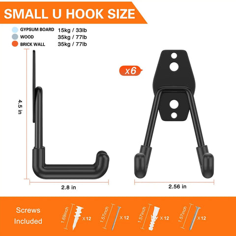 Heavy Duty Garage Hooks Six Pack Two Point Eight Inch U Shaped Wall Mounted Hanger dimensions and mounting specifications
