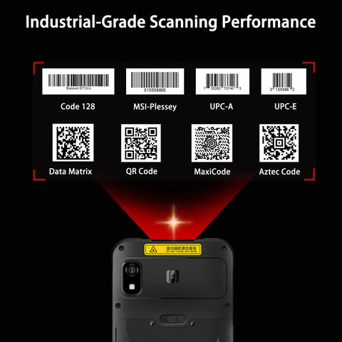 Rugged Android 15 Barcode Scanner With Slick 6 Inch Touchscreen 8 GB Ram 256 GB Storage Heavy Duty Handheld Pda scanning various barcodes.