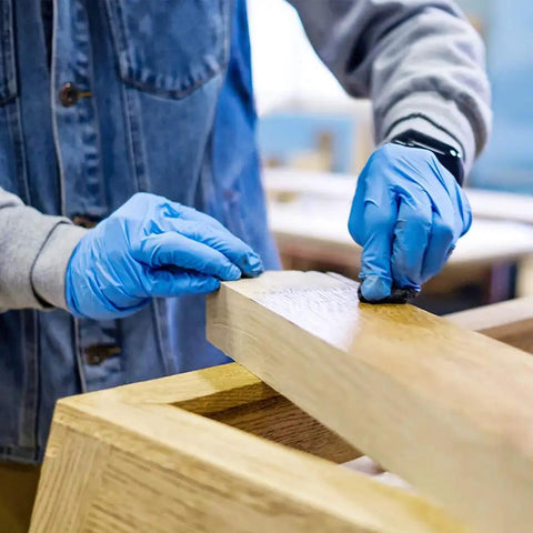 Top Notch Disposable Vinyl Exam Gloves In Steel Blue, Cast At Four Mil Thick For Daily Grind Demands, Zero Latex And Powder, Sharp For Medical Visits Or Quick Kitchen Washes, One Hundred Pack Boxes Ensure Legit Finger Comfort On Every Use, used for wood finishing.