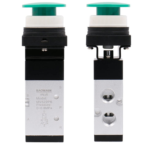 Pneumatic Mechanical Valve MV522PB 2 Position 5 Way Momentary Green Mushroom Button Manual Control Type For Air Systems, side view