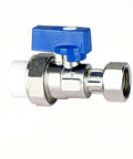 Rock Solid Brass PPR Union Ball Valve One Half Inch By Twenty Millimeter To Three Quarter Twenty Five Millimeter Pipe Coupler with blue handle for plumbing.