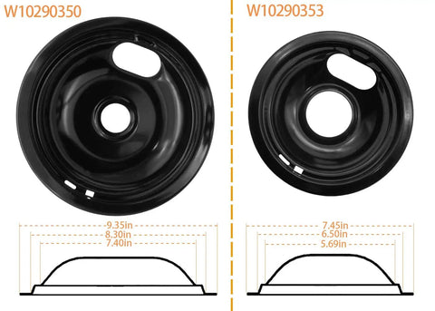 Replacement Electric Range Drip Pans And Burner Elements Set For Whirlpool Amana Maytag Stoves, 8-inch and 6-inch pans with dimensions