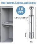 Diagram of cabinet assembly with 15 Pack M6 X 35mm Furniture Connector Bolts and Dowel Screws, silver finish, size measurements shown.