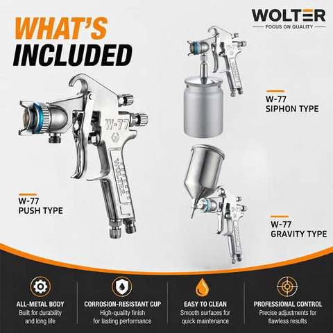 Pro Grade Spray Gun Delivers Smooth As Butter Coats And Sick Looking Finishes On Water Based Paint For Home Reno Jobs That Come Out Seriously Dope With Zero Streaky Mess Or Drips Each And Every Time illustration with multiple W-77 spray gun types against a clean background.