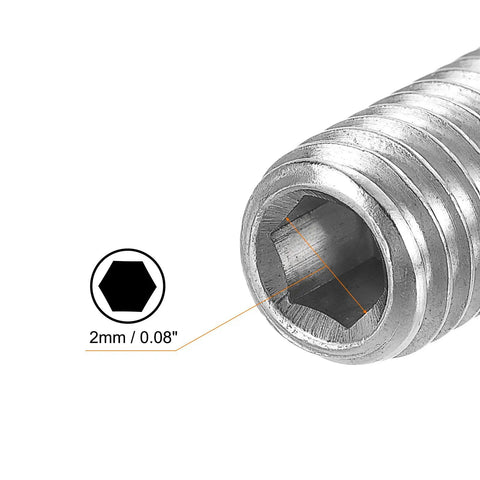 Close-up of M4 x 8mm ball point set screw with hex socket drive, 304 stainless steel, highlighting 2mm hex size, precise adjustments.