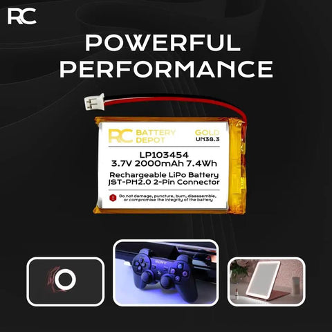 3.7V 2000mAh LiPo Battery Pack With Positive Polarity JST-PH2.0 2-Pin Connector for RC Cars and Drones