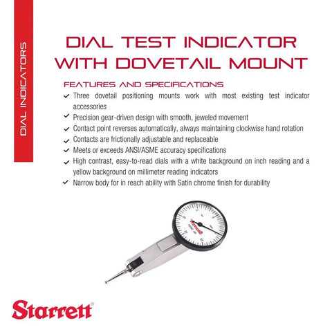 Dial Test Indicator Workhorse With Dovetail Mount And Two Clamps, Stainless Steel Body, 1-1/4 Inch White Dial Face,.030 Inch Range, 0-15-0 Reading,.0005 Inch Graduation, Includes Case