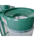 Shop Tough Five Horsepower Industrial Dust Collector Kicking Serious Dust With Giant Fifteen Inch Impeller and Four Quick Connect Ports top view of dust collector funnel.
