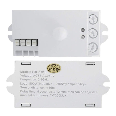 Smart Microwave Motion Sensor Switch 5.8GHz TDL1913, front and back view, white PVC, voltage details, wall mount.