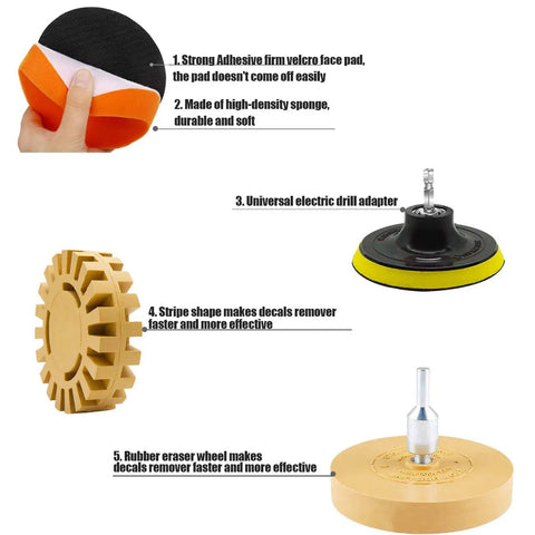 Pro Grade Eraser Wheel Decal Remover Kit For Cars And RVs, showing adhesive sponge pad, drill adapter, rubber eraser wheel