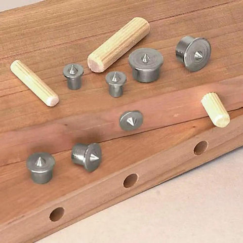 Pro Woodworking Dowel Center Pin Set, 8-Piece, Hollow Chrome Pins In 6mm, 8mm, 10mm, 12mm, with wooden dowels for joinery alignment