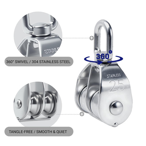 Beefy Double Wheel Swivel Pulley Block M20 For Lifting Rigging Marine Hardware 304 Stainless Steel Twin Sheave Fits Rope Up To 0.47 In Pack Of 6
