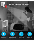 Smooth Running 1080P HD WiFi IP Camera With Badass Video Quality monitoring a dark room with a person in a hoodie holding a flashlight.