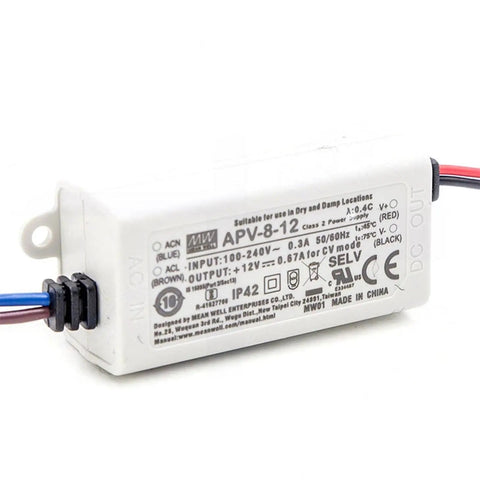 Workhorse 8 Watt Ac Dc Power Supply And Led Driver With 12 Volt Constant Voltage Transformer for lighting, compact design with connections.