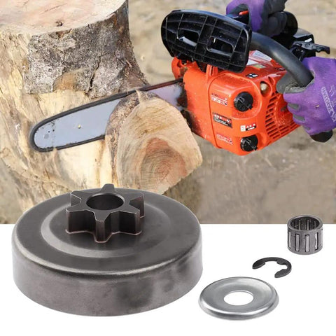 Three Eighths Inch Six Tooth Clutch Drum Sprocket Kit With Washer And E Clip For Quick Chainsaw Repairs Durable Iron Construction Easy Fit Works With STIHL MS170 MS180 017 018 025 251 Chainsaws set shown