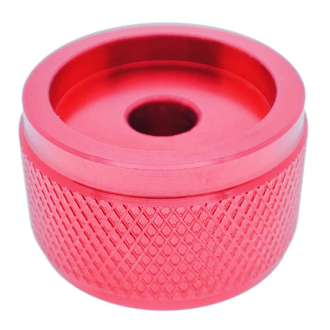 Close-up of a Red Aluminum Rotary Potentiometer Knob Five Pack For 0.23 Inch Shaft 0.98 Inch Diameter 0.61 Inch Tall Guitar Amp Audio Volume Control CNC Machined No Plastic Inserts Wrench Included