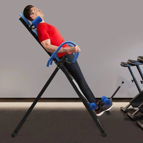 Man using Inversion Table For Back Pain Relief With A 330lb Capacity Decompression Stretcher For Home Therapy Easy 5 Minute Daily Routine
