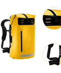 Yellow waterproof hiking backpack with PVC construction, large capacity daypack and padded straps for comfortable all day backpacking.