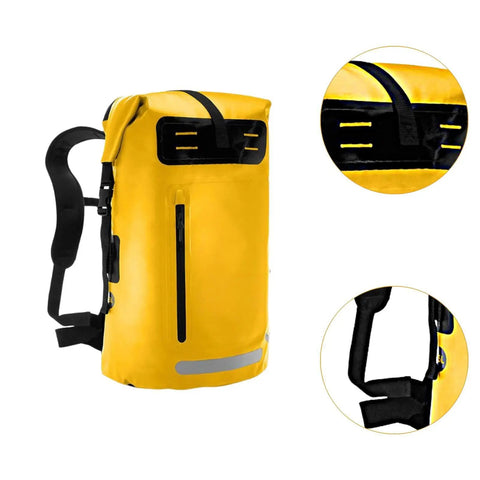 Yellow waterproof hiking backpack with PVC construction, large capacity daypack and padded straps for comfortable all day backpacking.