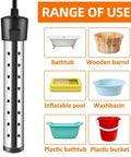 Submersible Water Heater 1500W Portable Tankless Immersion System shown with various containers like bathtubs and buckets.