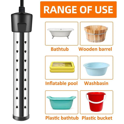 Submersible Water Heater 1500W Portable Tankless Immersion System shown with various containers like bathtubs and buckets.