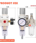 Front and side view of 1/4 NPT Air Filter Regulator Lubricator Combo With Auto Drain And Manual Drain Water Oil Separator