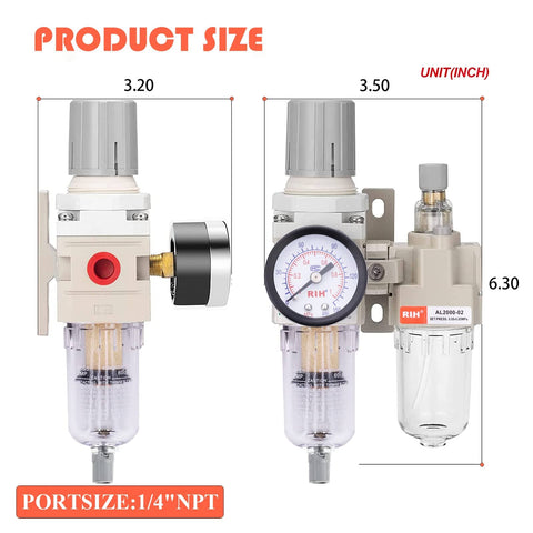 Front and side view of 1/4 NPT Air Filter Regulator Lubricator Combo With Auto Drain And Manual Drain Water Oil Separator