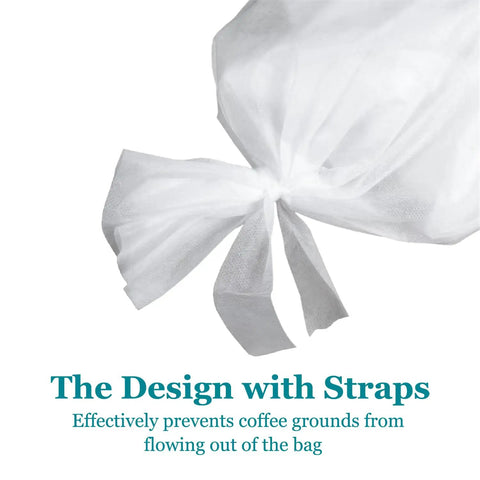 Heavy Duty Cold Brew Coffee Filter Bags 100 Pack No Fuss Disposable Brewing Sacks with secure drawstring straps showcased.
