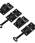 Silent Snap RV Door Holder With Elastic Snap Base, Black Metal T Style Camper Door Latch, Trailer Door Catch For Cargo Trailers And Trucks, 4 Inch, 2 Pack, showing two black metal latches with elastic bases, 4 screw holes on each.