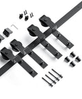 Effortless 5 Ft Bypass Double Sliding Barn Door Hardware Kit With Single Track That Slides Like Butter Quiet Ball Bearing Rollers Easy Install For 35 Inch Wide Double Doors Durable Aluminum Black Powder Coat Finish components including rails, rollers, and screws.