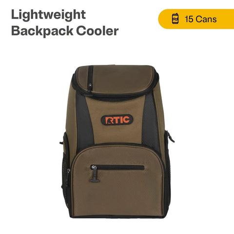 Front view of Lightweight 15 Can Backpack Cooler Insulated Bag Olive Green For Men And Women, with zippered pockets.