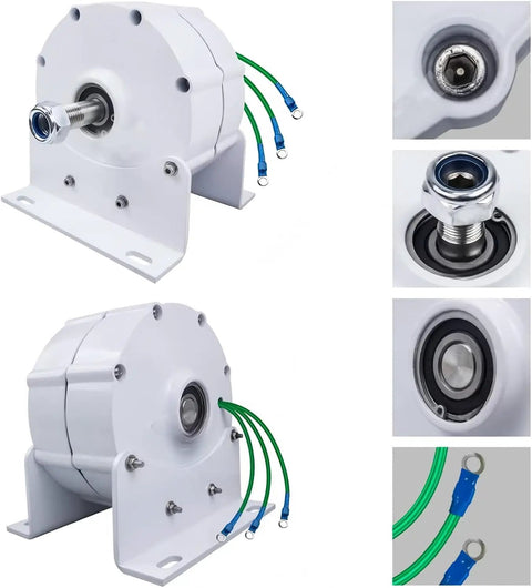 Gearless Permanent Magnet Generator 12V 24V 48V 1200W Low Rpm Motor with mounting bracket and electrical connections.