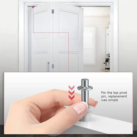 Heavy Duty 4 Pack Bi Fold Door Top Guide Wheel Hardware Kit illustration showing easy top pivot pin replacement process.