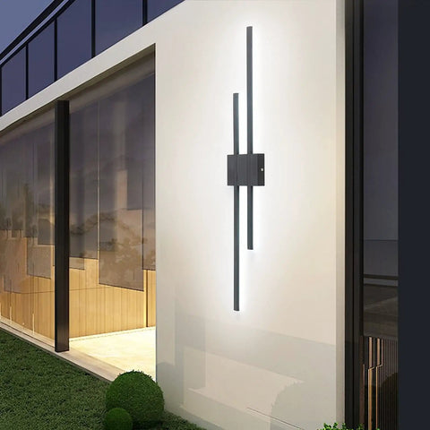 Modern LED Wall Light Two Light Wall Sconce for Bedside Hallway and Stairwell, 35 inch rectangular wall mount lamp, black finish, outdoor view